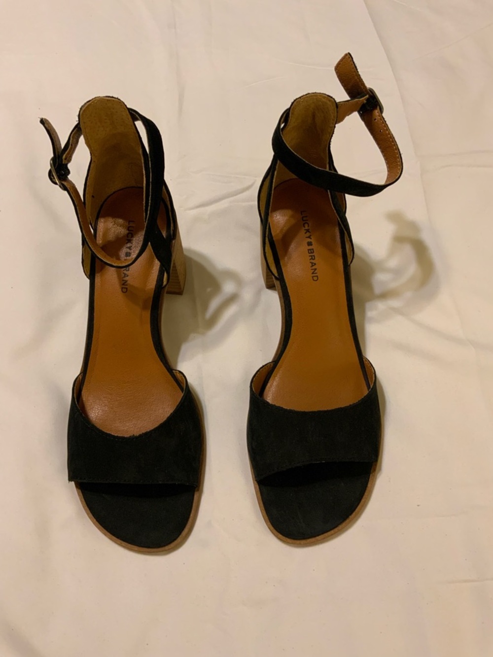 Lucky Brand Black Suede Ankle-Strap Block Heel Sandals Size 9M
